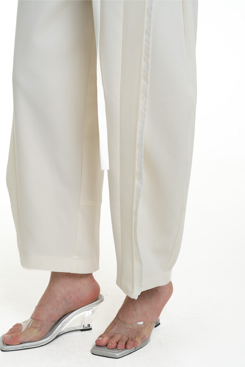 Barrel Pants With Buckle Belt And Side Stripes In Ivory