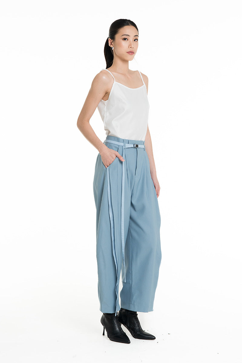 Barrel Pants With Buckle Belt And Side Stripes In Sky Blue