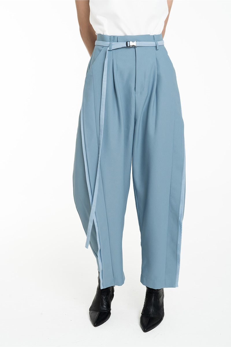 Barrel Pants With Buckle Belt And Side Stripes In Sky Blue