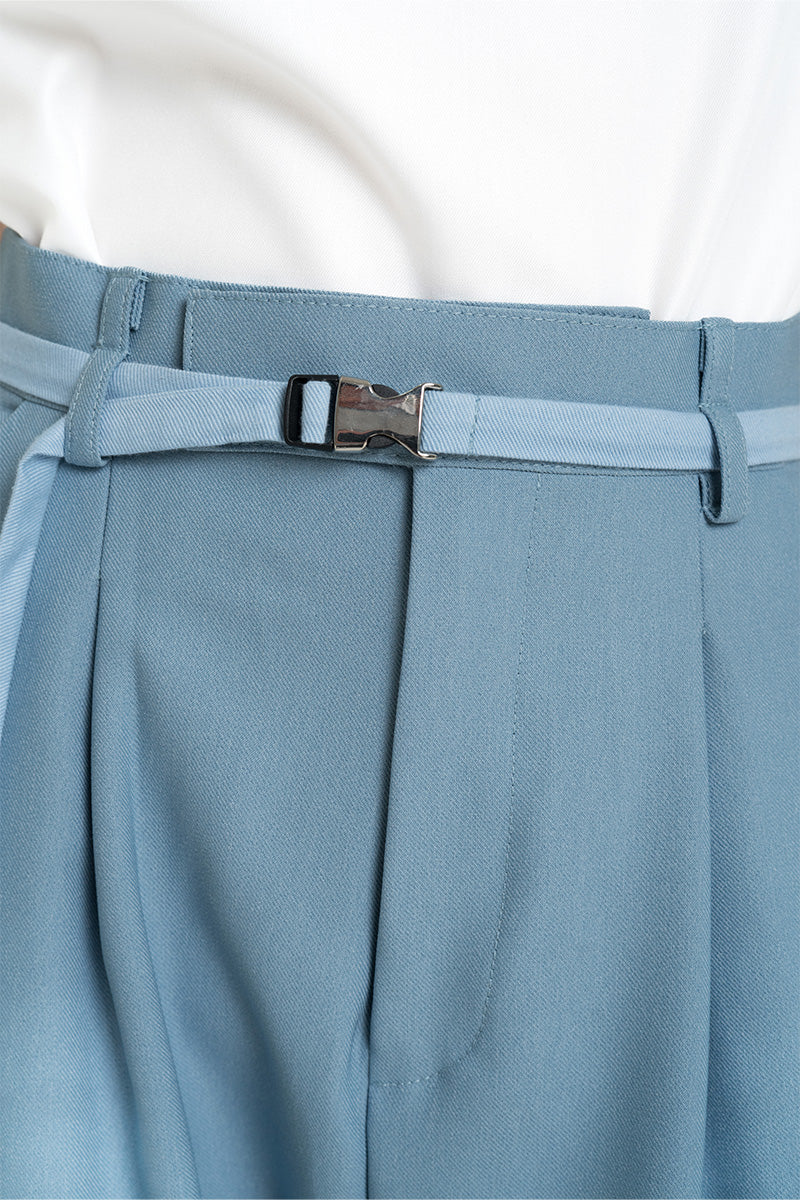 Barrel Pants With Buckle Belt And Side Stripes In Sky Blue