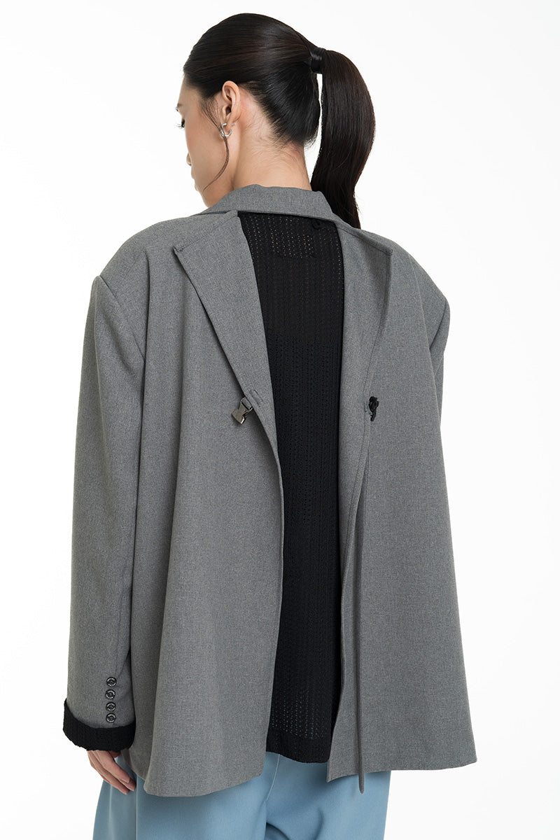 Blazer With Openwork Knitted Insert In Cool Grey