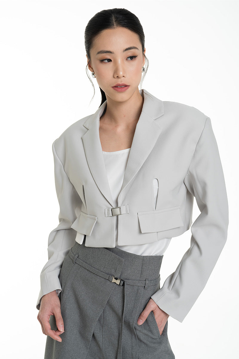 Buckle Cropped Blazer In Light Grey
