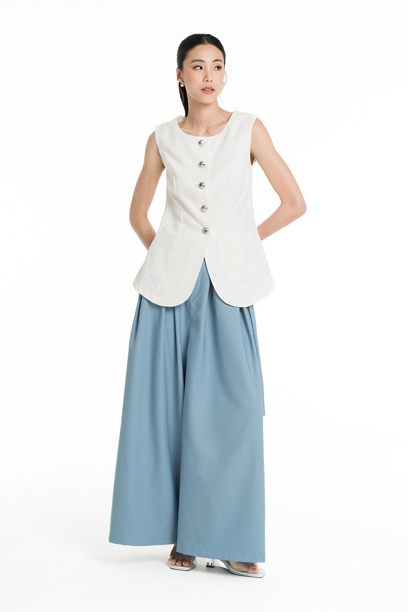 Contrast Topstitch Vest In Ivory