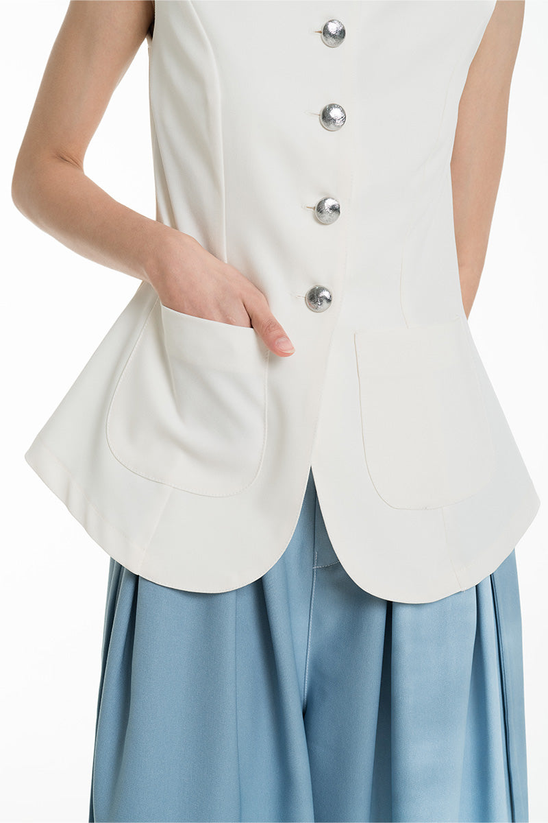 Contrast Topstitch Vest In Ivory