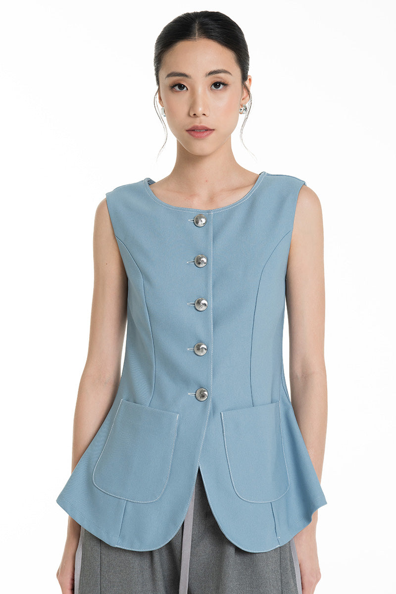 Contrast Topstitch Vest In Sky Blue