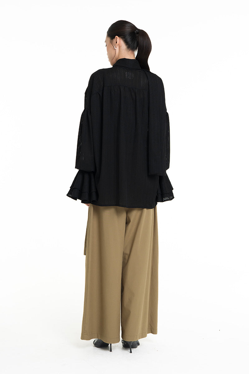 Openwork Knitted Blouse With Built-In Shawl In Black