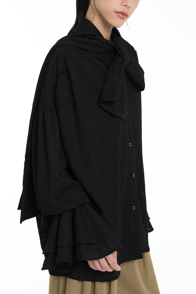 Openwork Knitted Blouse With Built-In Shawl In Black