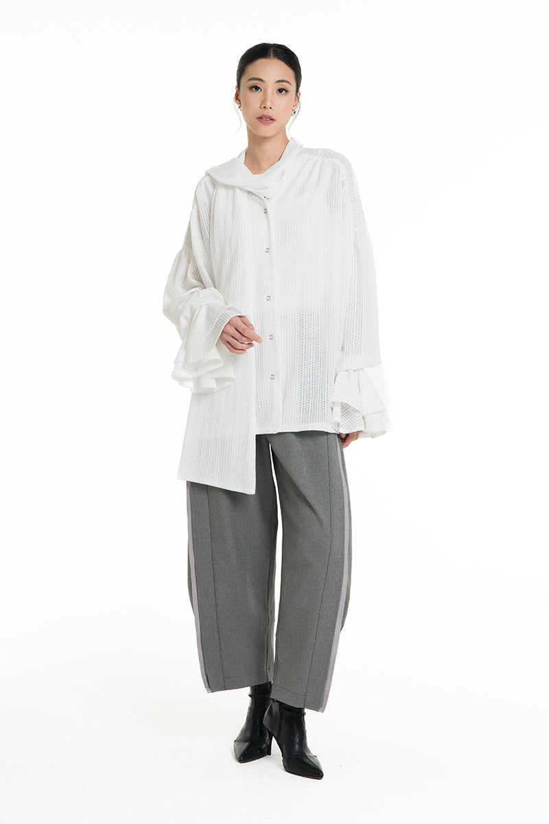 Openwork Knitted Blouse With Built-In Shawl In White