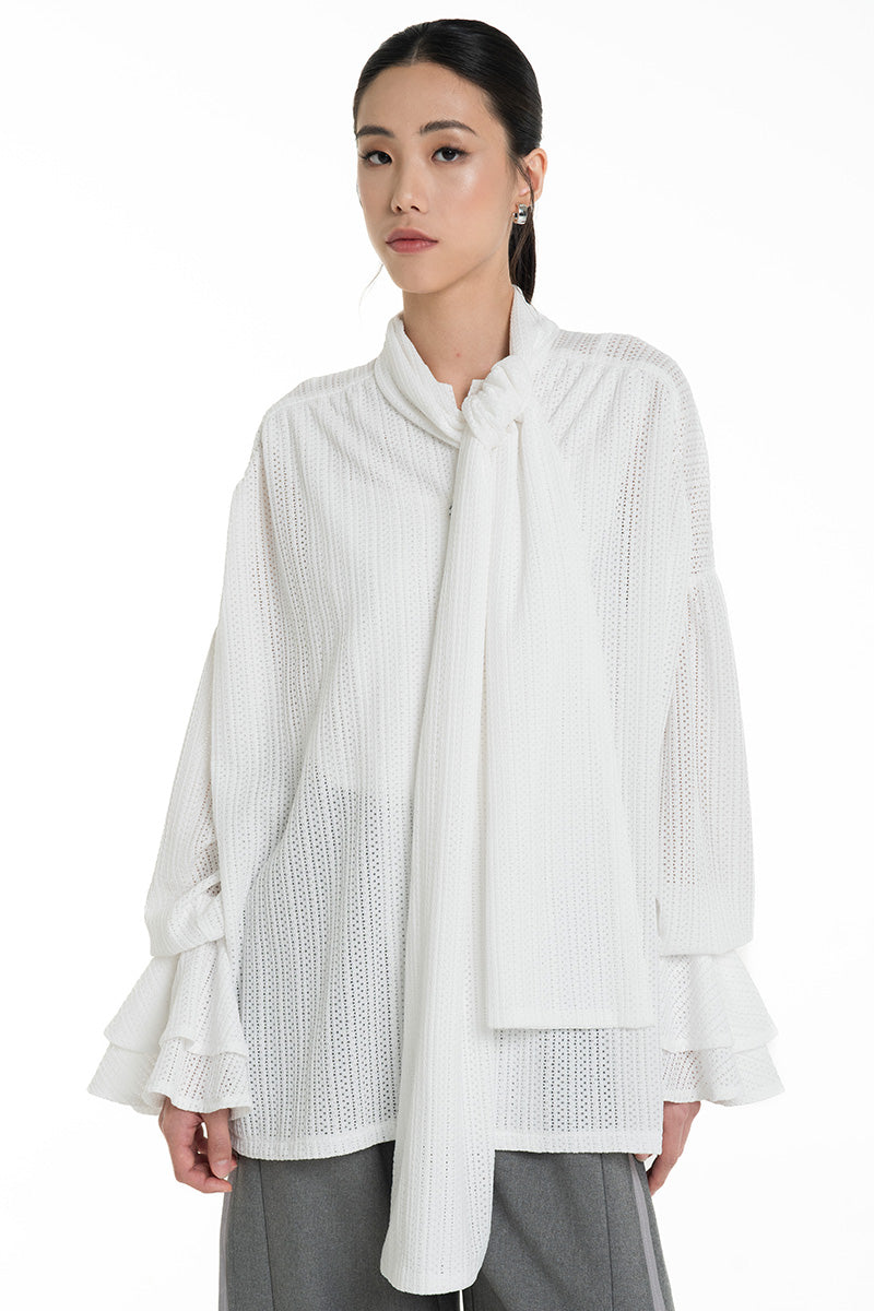 Openwork Knitted Blouse With Built-In Shawl In White