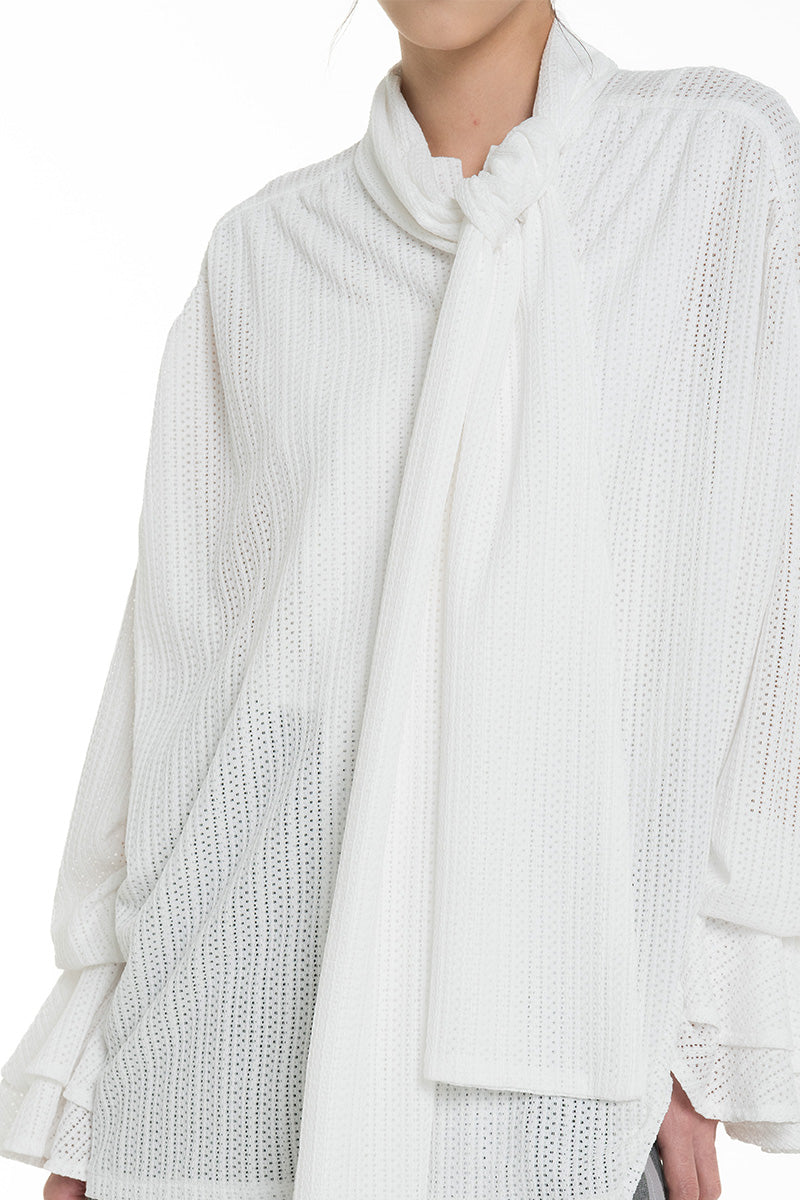 Openwork Knitted Blouse With Built-In Shawl In White