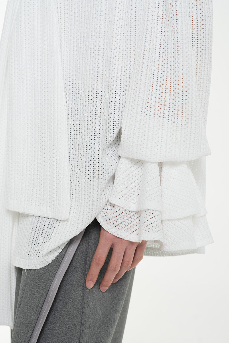 Openwork Knitted Blouse With Built-In Shawl In White