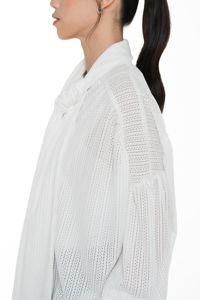 Openwork Knitted Blouse With Built-In Shawl In White