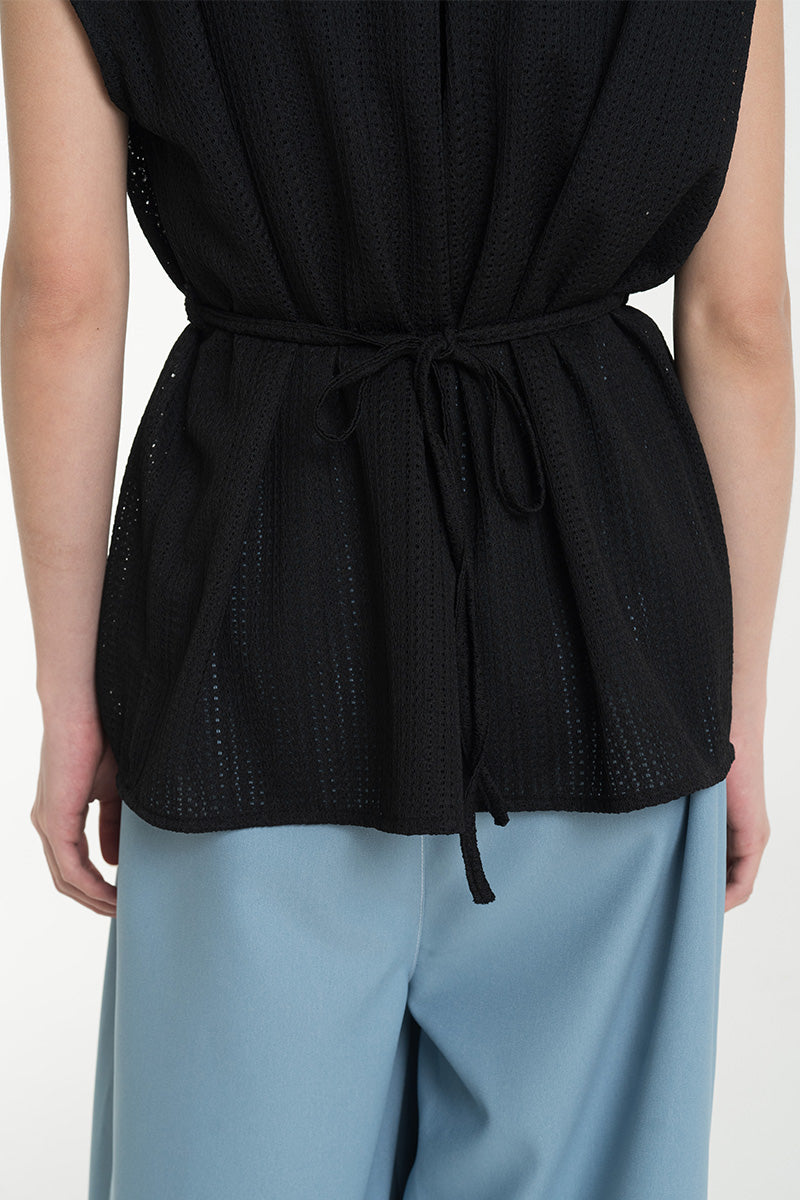 Openwork Knitted Tie Waist Vest In Black