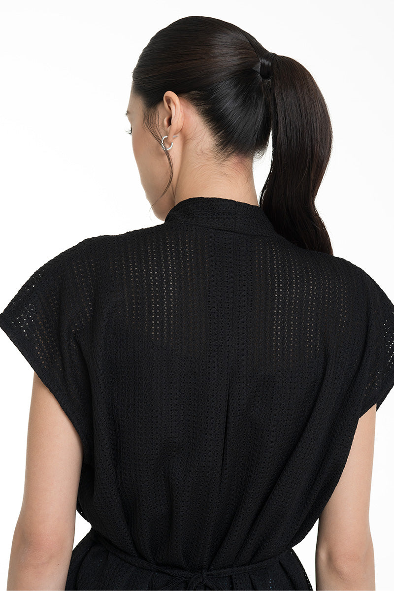Openwork Knitted Tie Waist Vest In Black