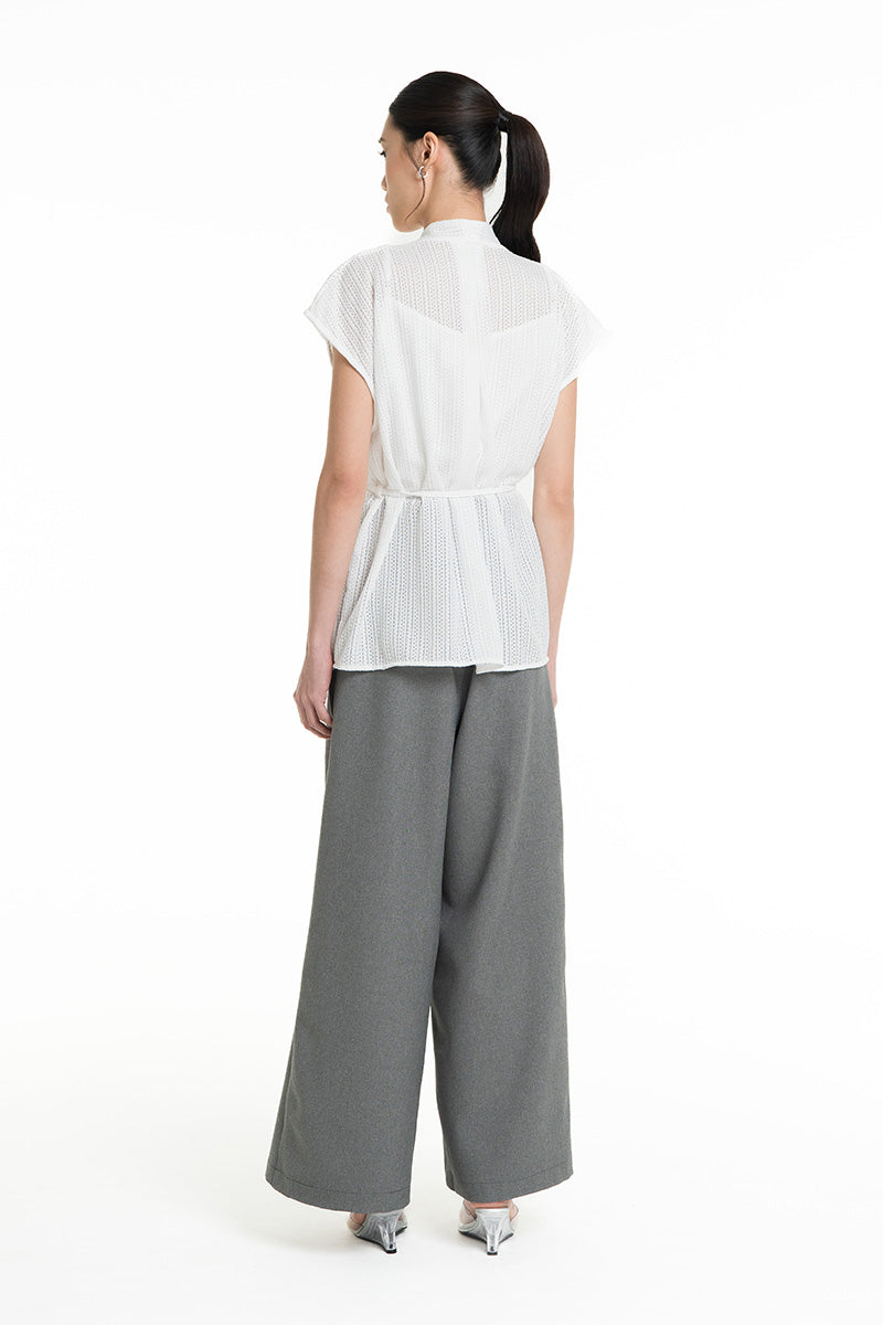 Openwork Knitted Tie Waist Vest In White