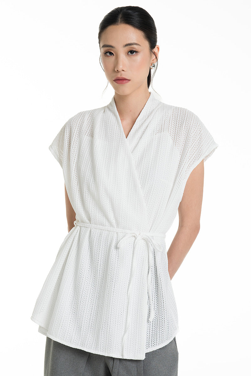 Openwork Knitted Tie Waist Vest In White