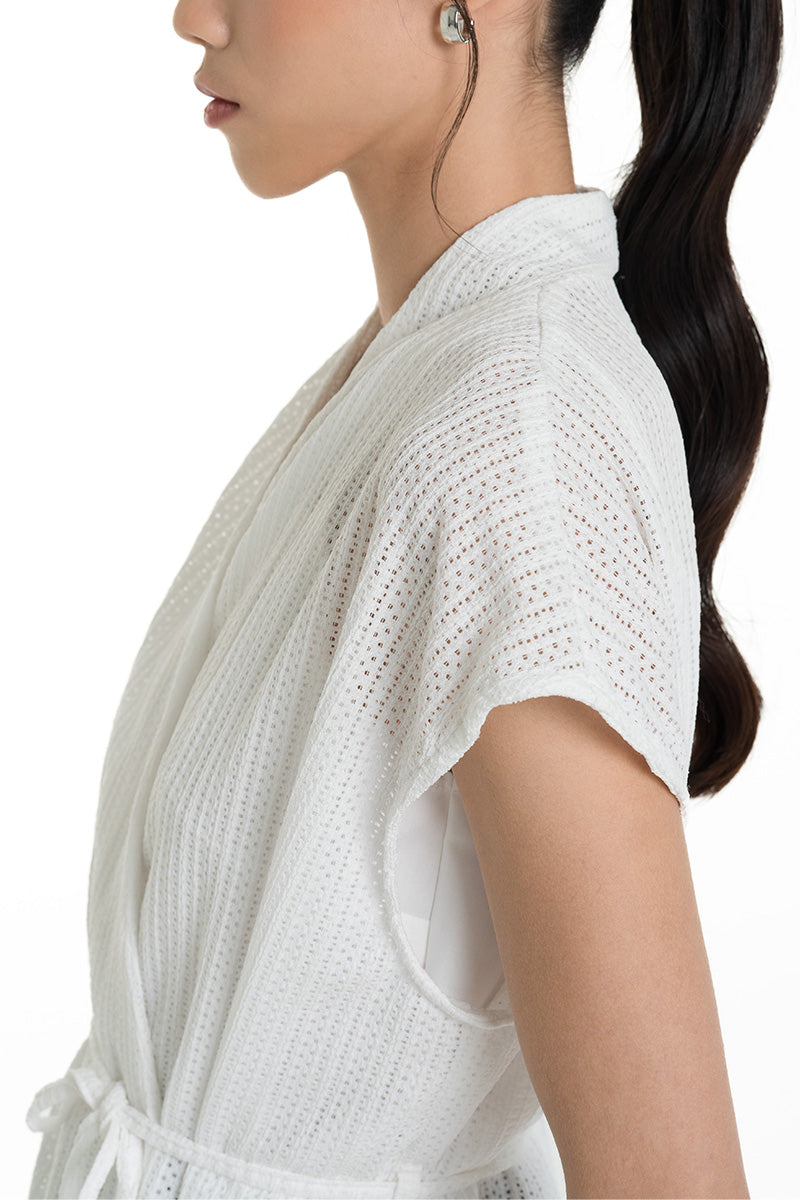 Openwork Knitted Tie Waist Vest In White
