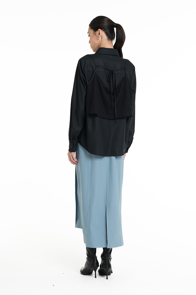 Shirt With Openwork Knitted Bralette In Black