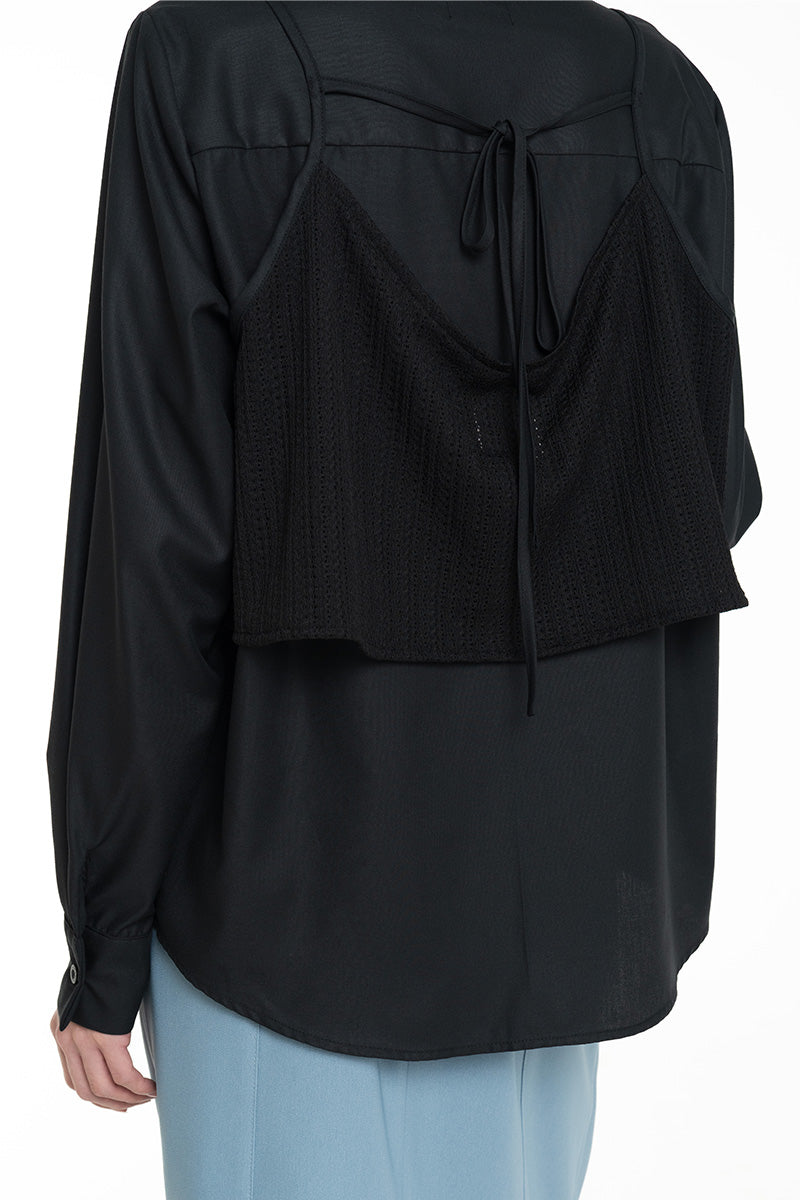 Shirt With Openwork Knitted Bralette In Black