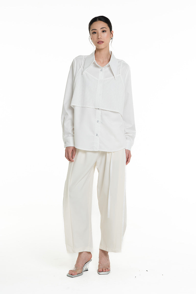 Shirt With Openwork Knitted Bralette In White