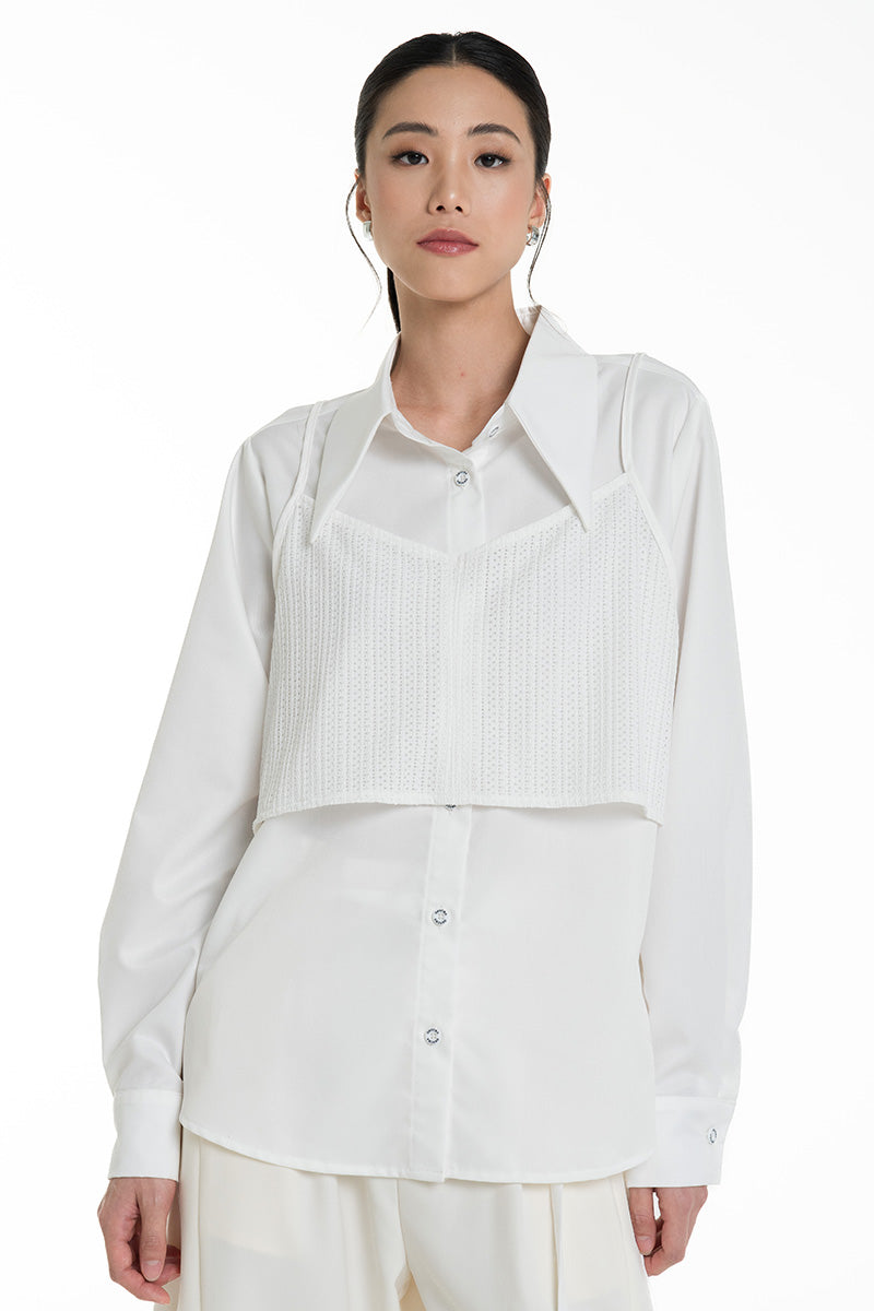 Shirt With Openwork Knitted Bralette In White