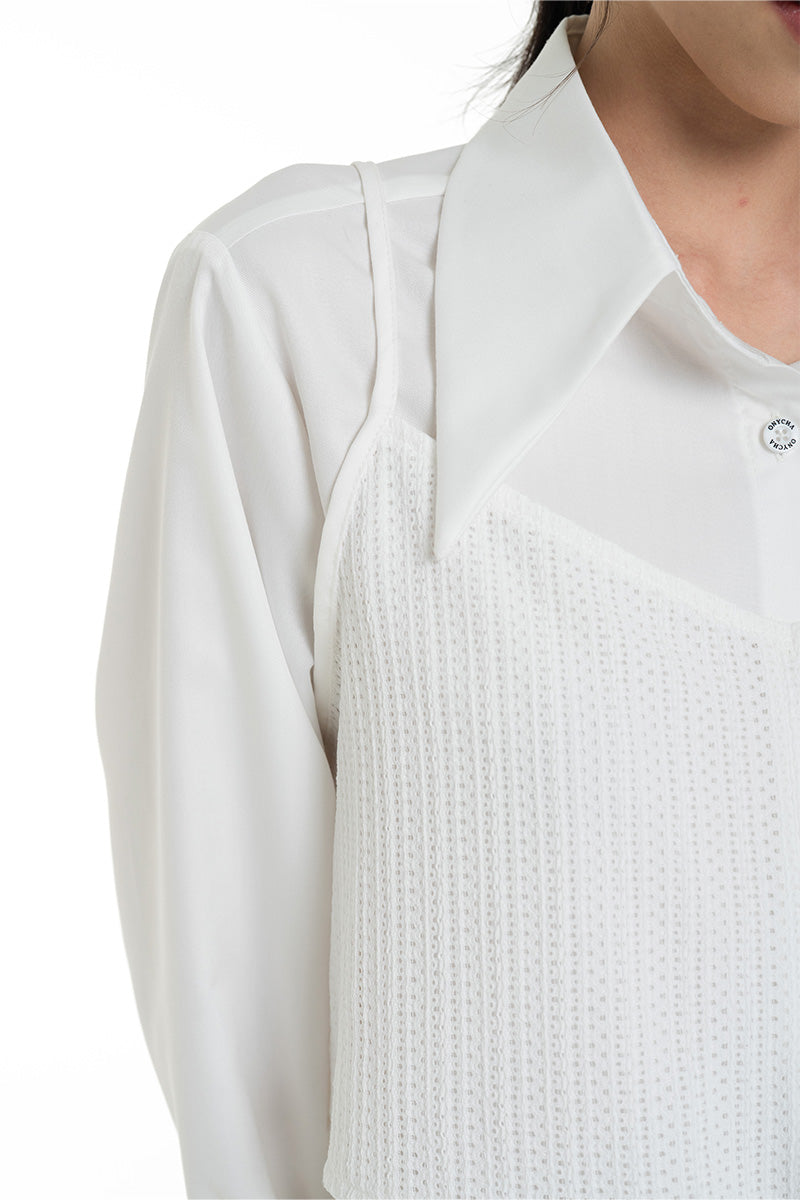 Shirt With Openwork Knitted Bralette In White