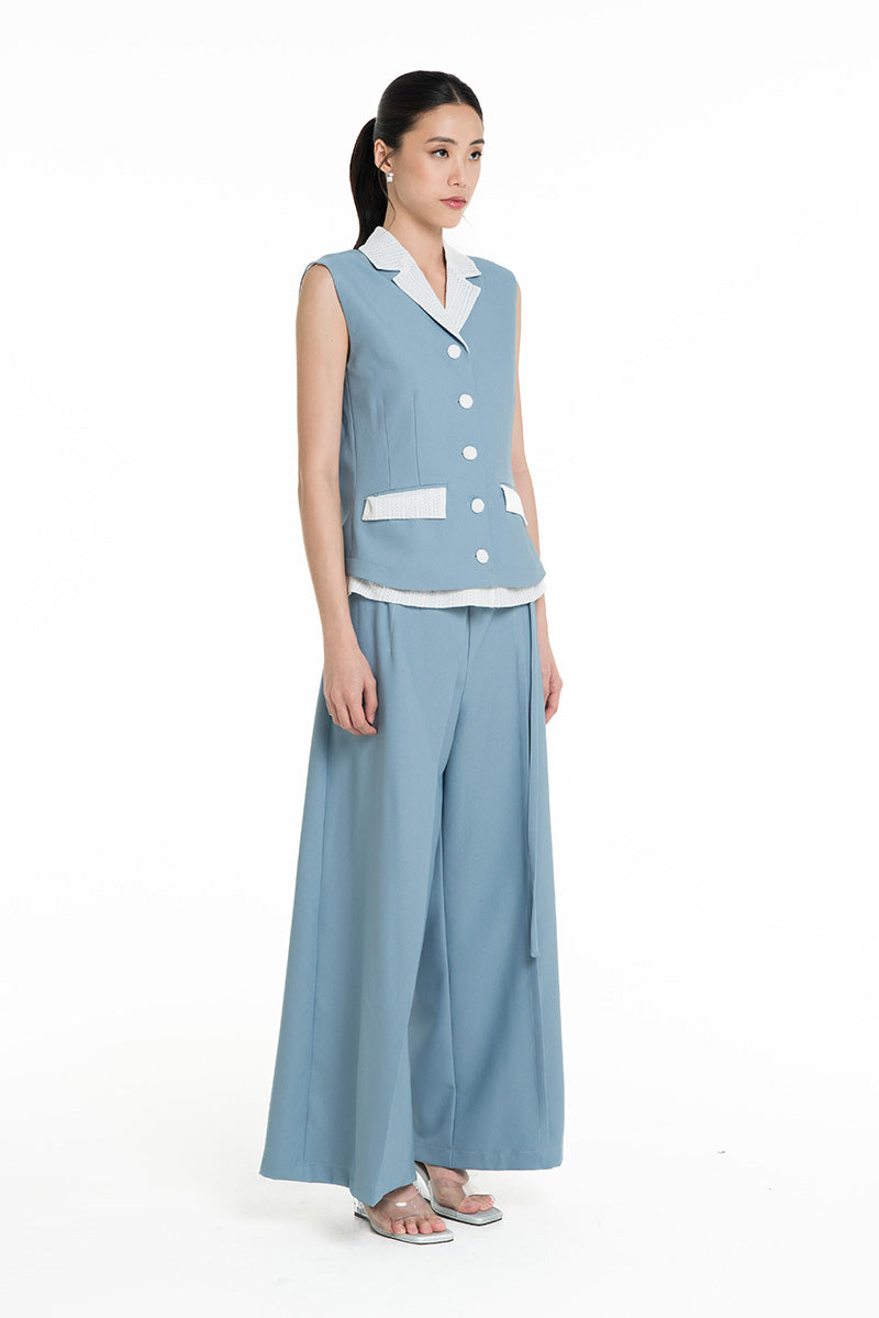 Vest With Openwork Knitted Insert In Sky Blue