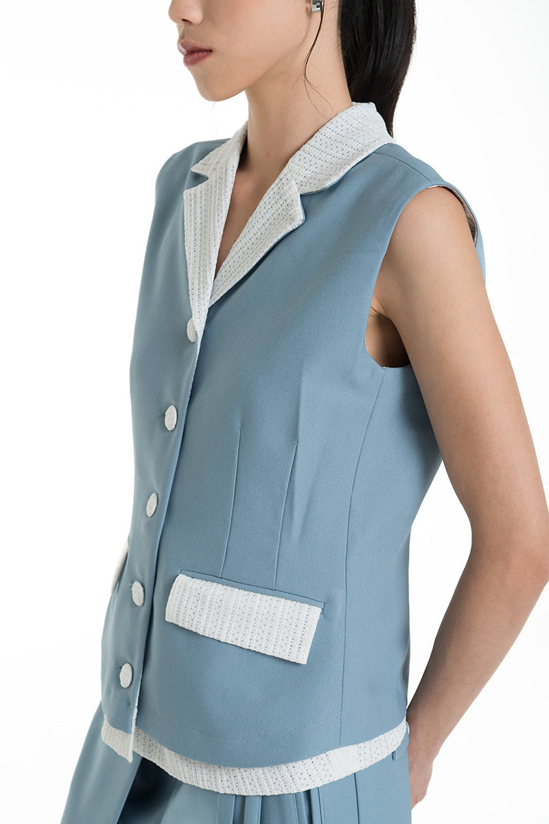 Vest With Openwork Knitted Insert In Sky Blue