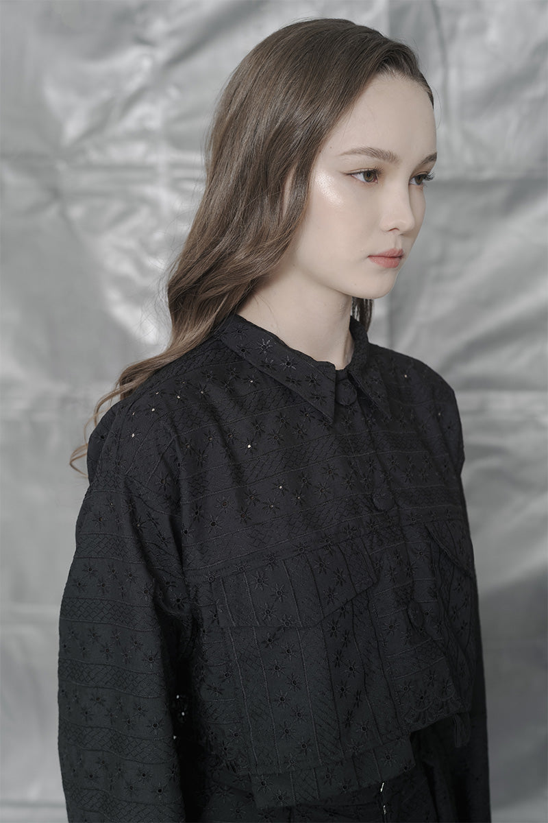 Embroidery Crop Pocket Shirt In Black