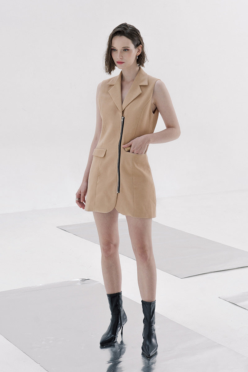 Zipper Collar Dress In Camel