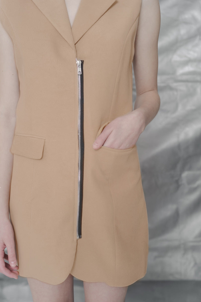 Zipper Collar Dress In Camel