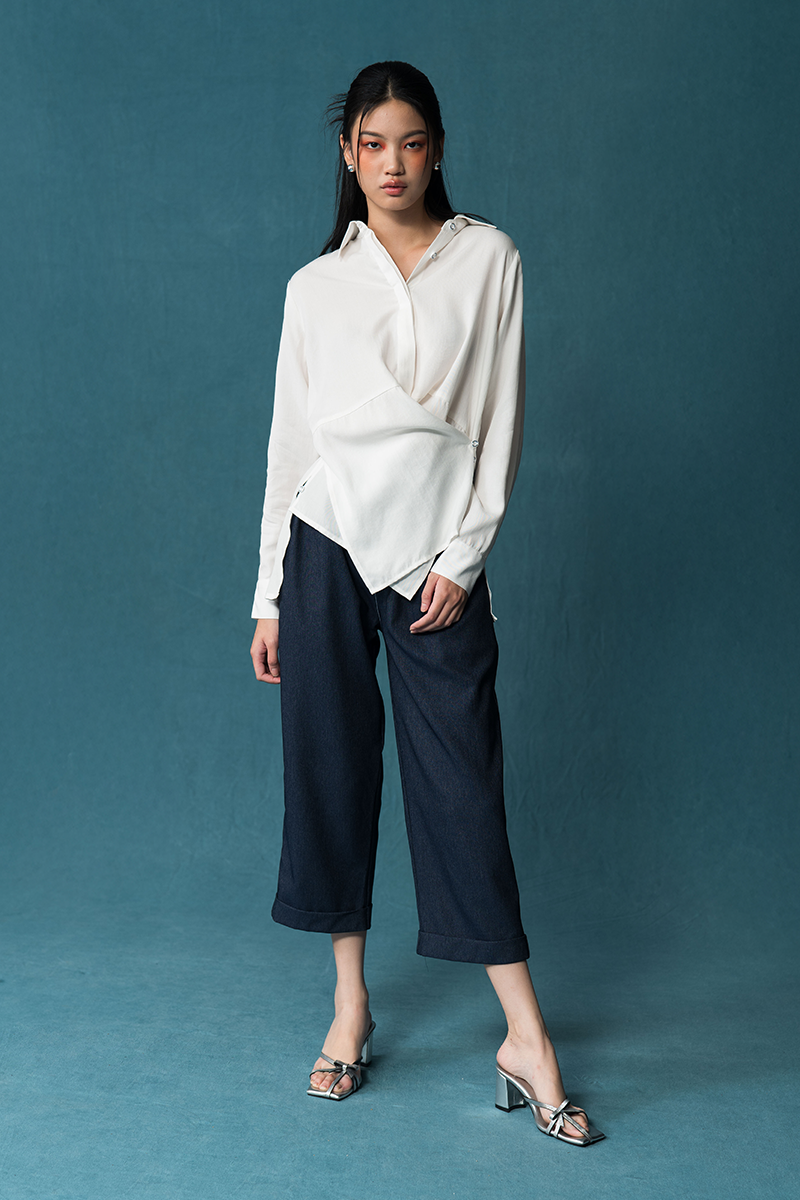 Bow Belt Cropped Pants In Denim Blue