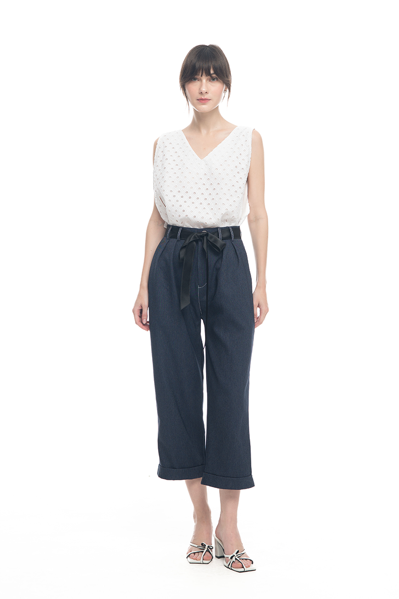 Bow Belt Cropped Pants In Denim Blue