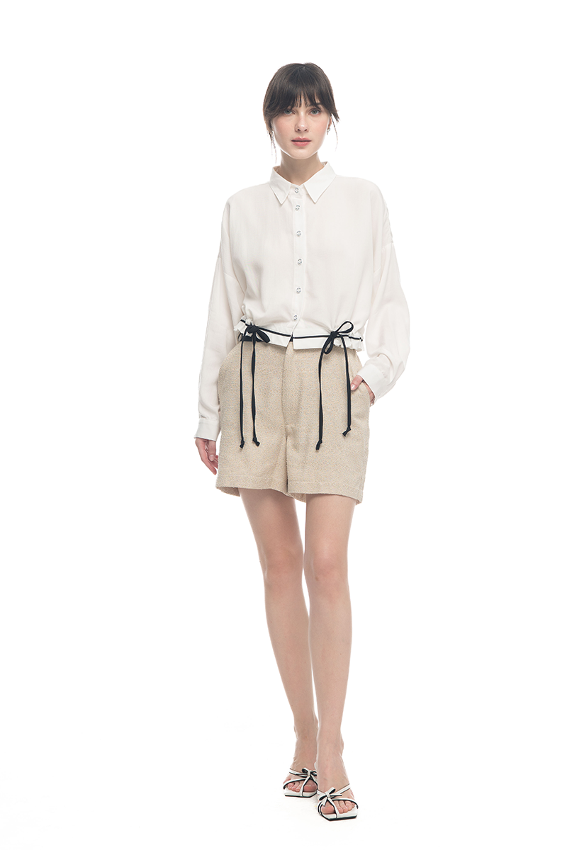 Bow Belt Tweed Shorts In Cream