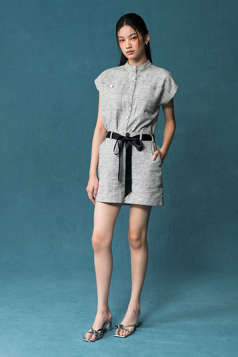 Bow Belt Tweed Shorts In Soft Grey