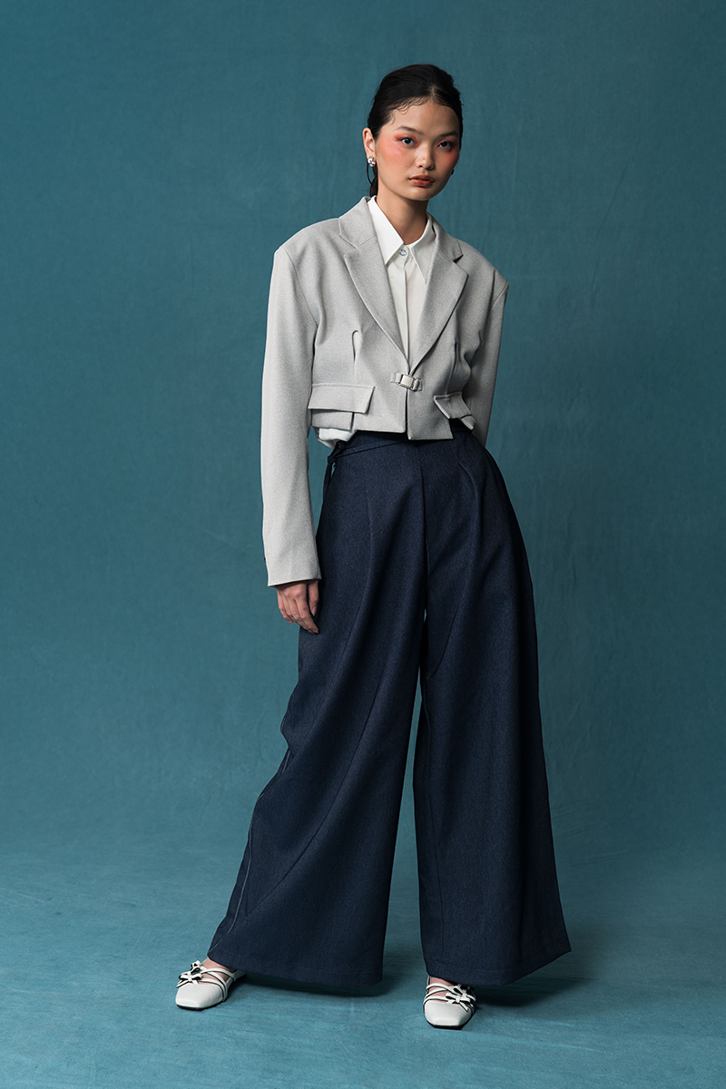 Bow Belt Wide Leg Pants In Denim Blue