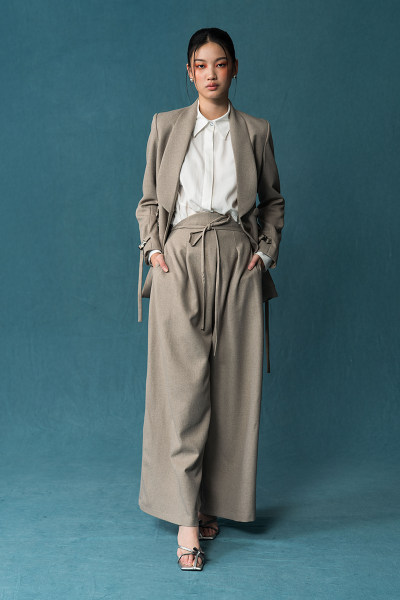 Bow Belt Wide Leg Pants In Taupe