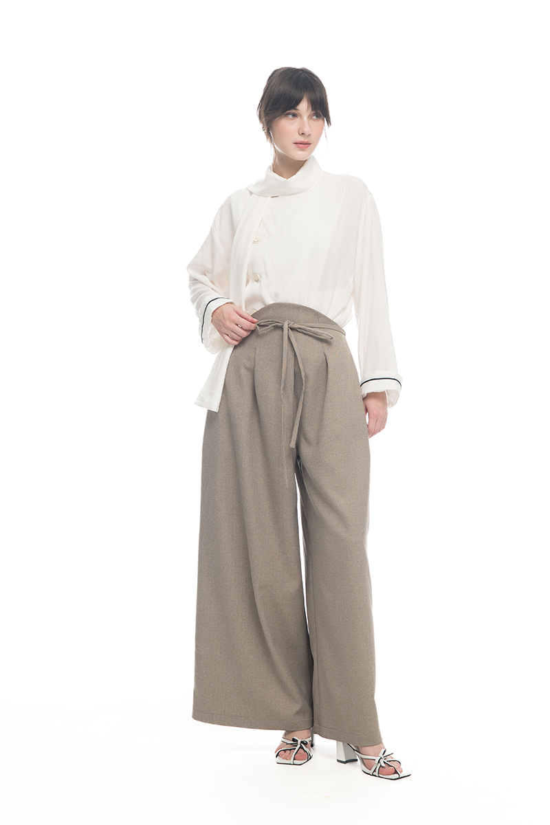 Bow Belt Wide Leg Pants In Taupe