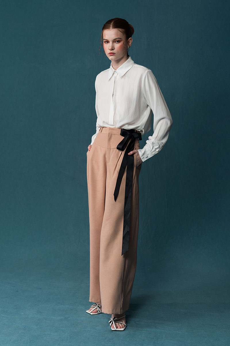 Bow Sash Wide Leg Pants In Camel