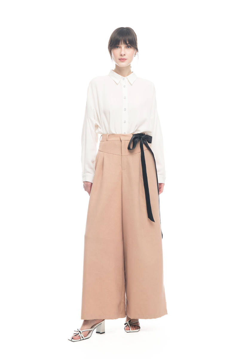 Bow Sash Wide Leg Pants In Camel