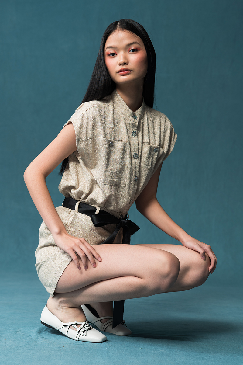 Cap-Sleeved Utility Tweed Top In Cream
