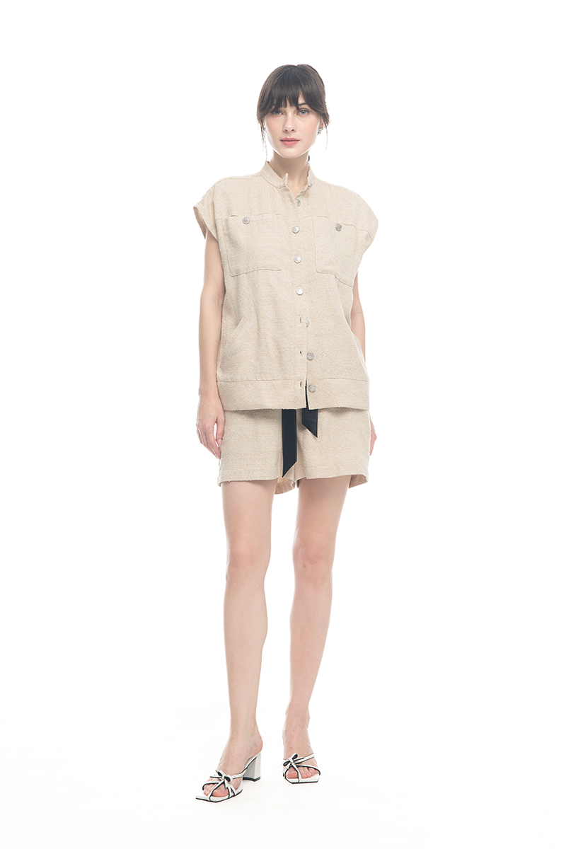 Cap-Sleeved Utility Tweed Top In Cream