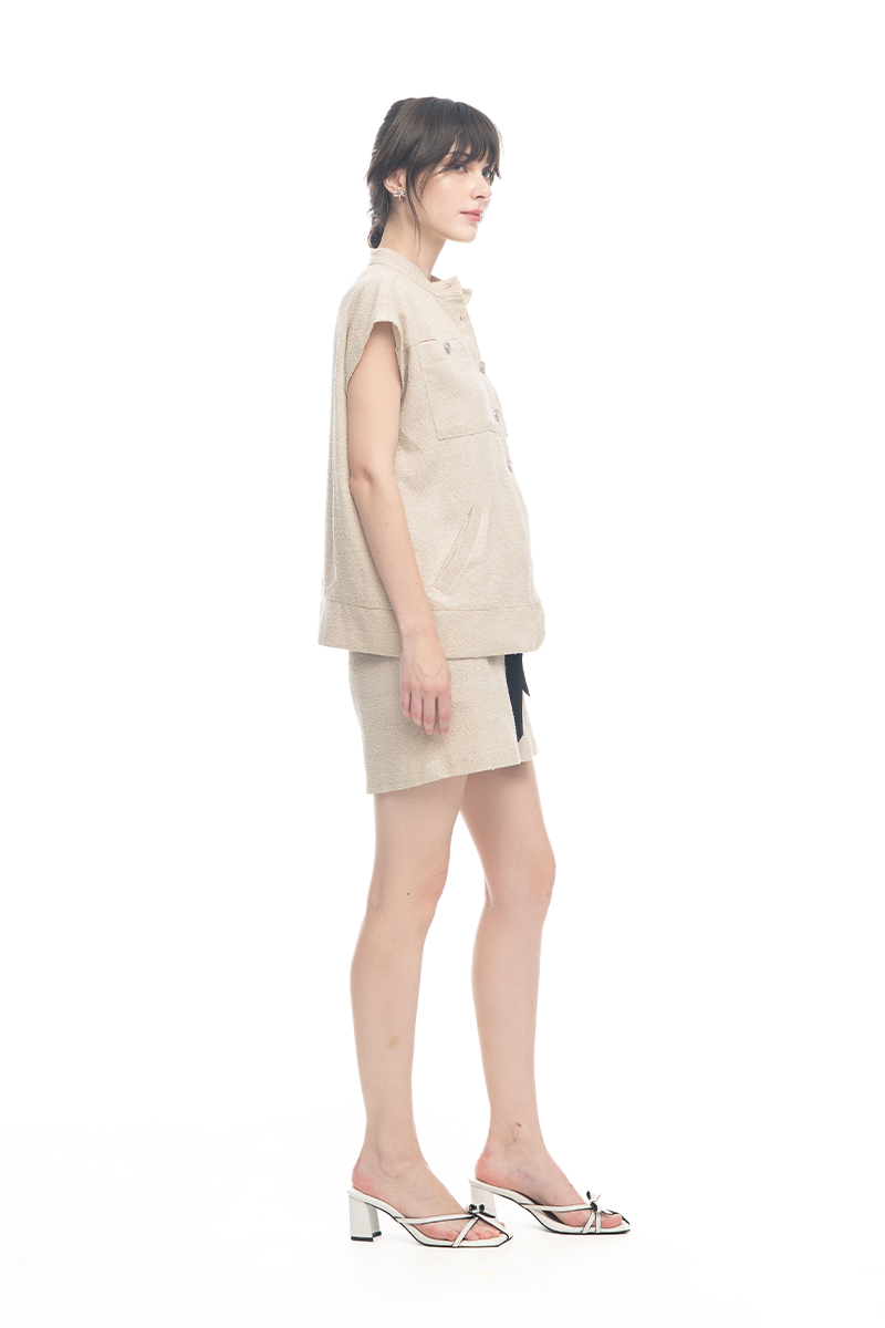 Cap-Sleeved Utility Tweed Top In Cream