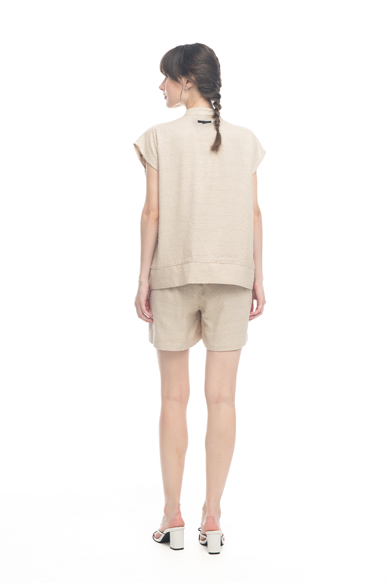Cap-Sleeved Utility Tweed Top In Cream