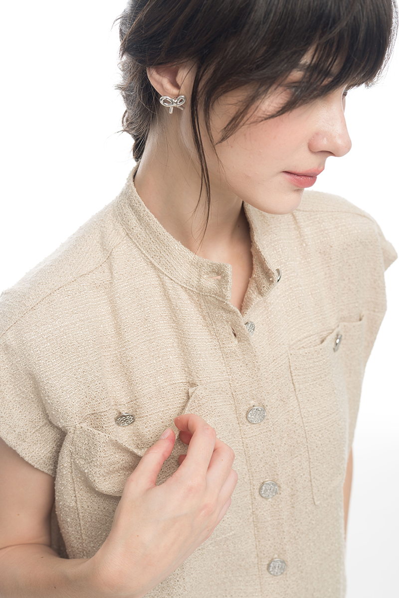 Cap-Sleeved Utility Tweed Top In Cream