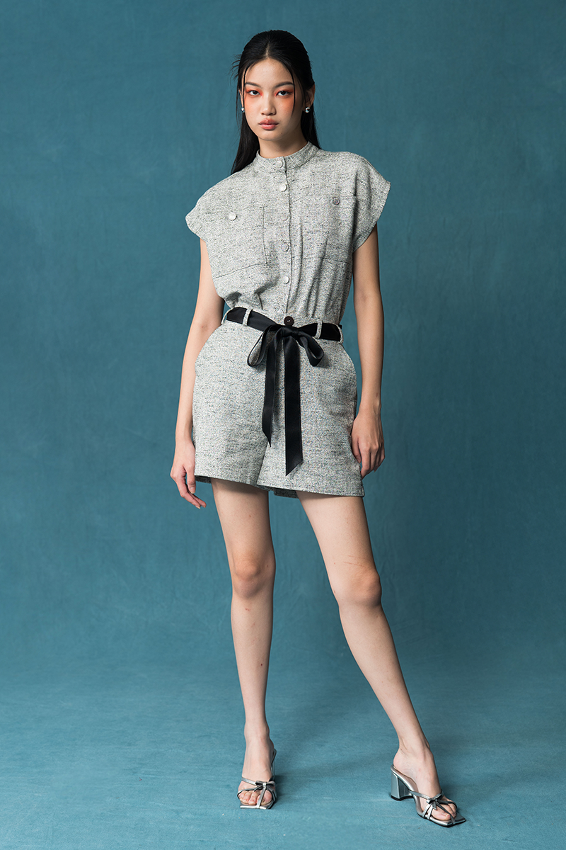 Cap-Sleeved Utility Tweed Top In Soft Grey