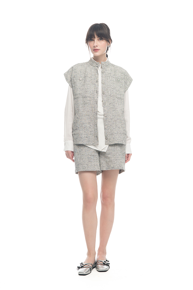 Cap-Sleeved Utility Tweed Top In Soft Grey