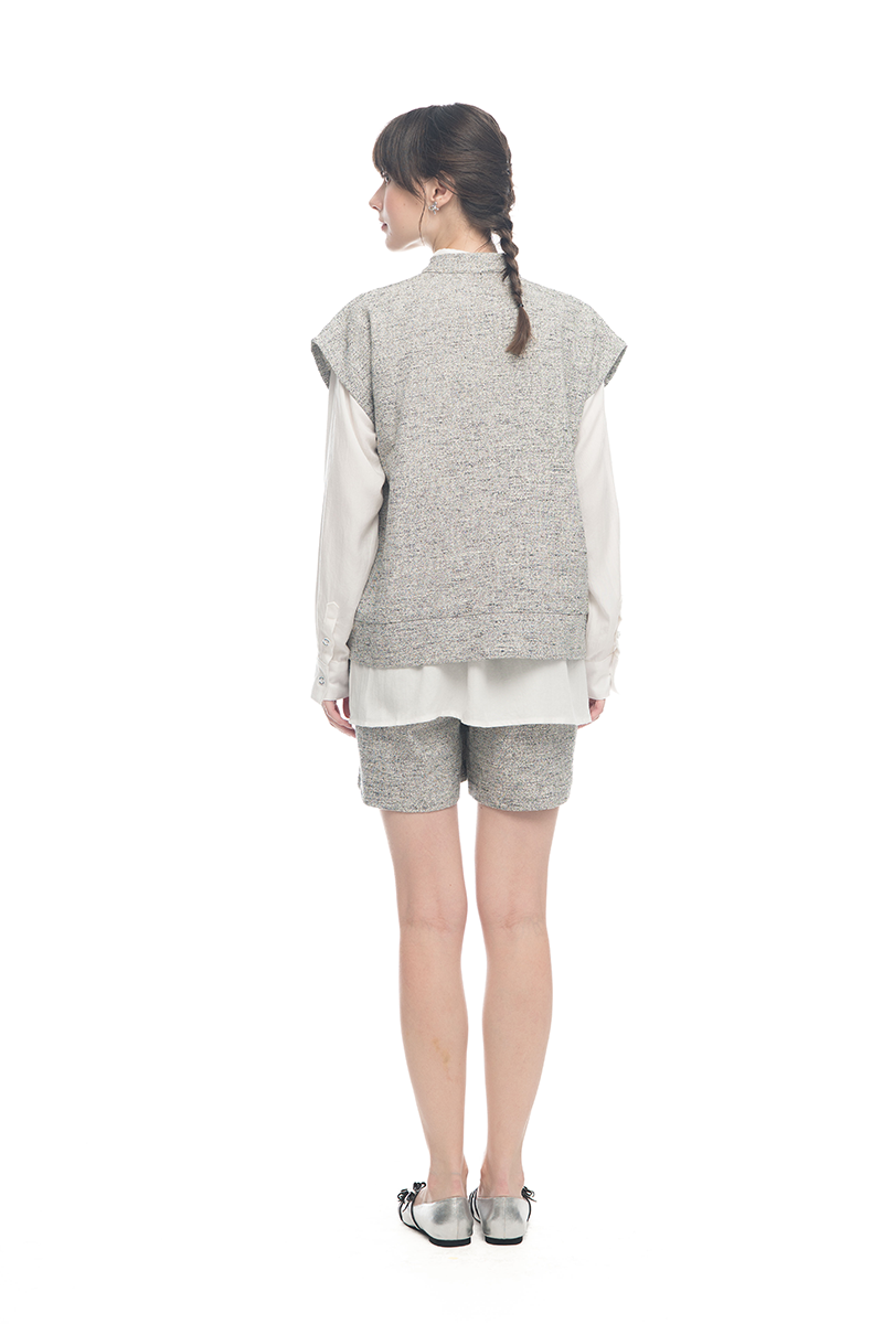 Cap-Sleeved Utility Tweed Top In Soft Grey