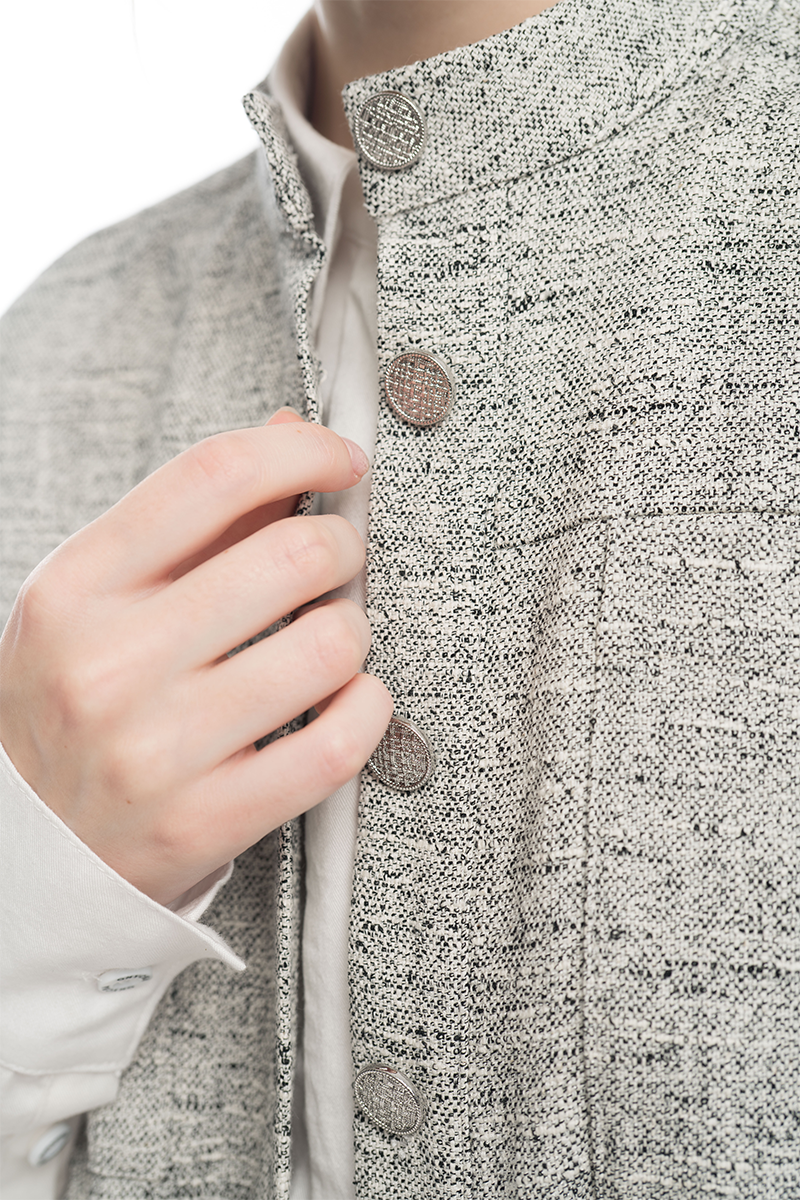 Cap-Sleeved Utility Tweed Top In Soft Grey