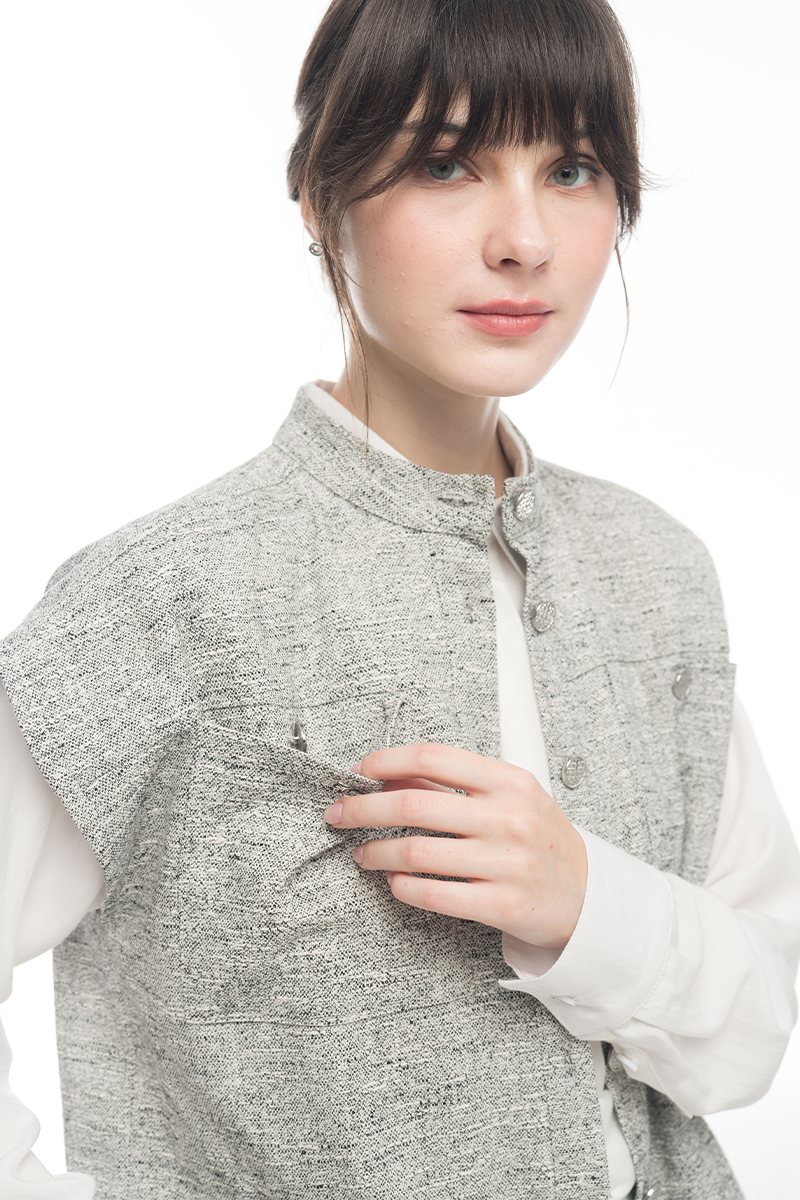 Cap-Sleeved Utility Tweed Top In Soft Grey